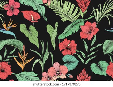  Seamless pattern with red tropical flowers and palm leaves on a dark background