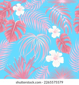 Seamless pattern with red tropical palm leaves and flowers on white background.  Floral decorative illustration vector, for print design