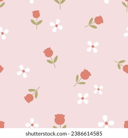 Seamless pattern with red tulip and cute flower on pink background vector illustration. Cute floral print.