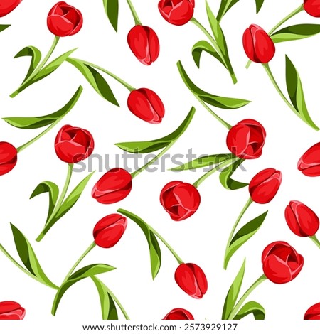 Seamless pattern with red tulip flowers on a white background. Vector floral print. Hand-drawn illustration, not AI