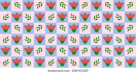 Seamless pattern with red tulip or meadow flower heads and green branches on checked pink violet