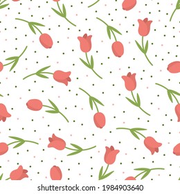 Seamless pattern with red tulips and dots