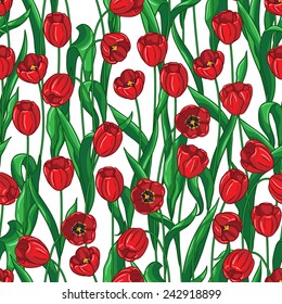 Seamless pattern with red tulips and green leaves on white.