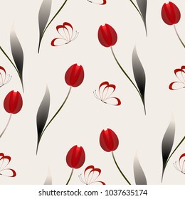 Seamless pattern with red tulips on a beige background.