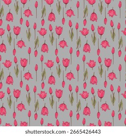 Patrón sin fisuras con tulipanes rojos sobre fondo gris. Adorno lindo para el Fondo de pantalla, tela, tarjeta.