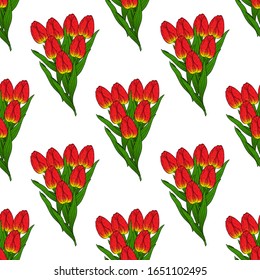 Seamless pattern with red tulips.Bouquet of red tulips on a white background.Bouquet for the holiday on March 8.International women day.Birthday.Spring flowers.Vector illustration