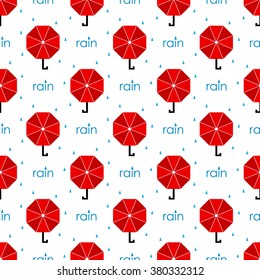 seamless pattern red umbrella with blue drops rain. flat. vector