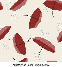 Seamless pattern with red umbrellas falling and blue rain for autumn winter season. Vector pattern for rainy season. White beige background. Repeatable design in flat style and hand drawn. 