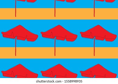Seamless pattern. Red umbrellas on blue and orange background. Beach. Vector illustration.