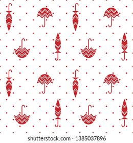 Seamless pattern with red umbrellas and polka dots. Transparent background. Swatch is included in file. 