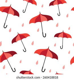 Seamless pattern with red umbrellas and rain 