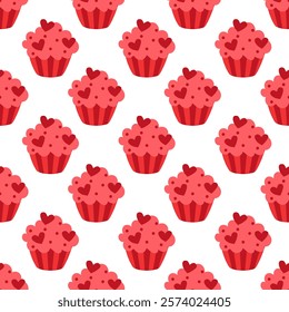 Seamless pattern with Red Valentine Day Cupcake with sprinkles. Vector flat illustration.