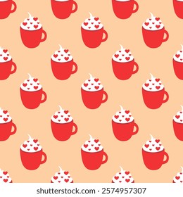 Seamless Pattern. Red Valentine Day cup with whipped cream and hearts sprinkles. Vector flat illustration.