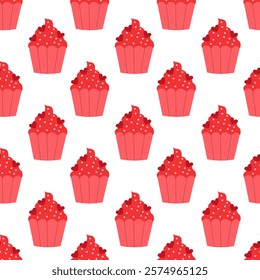 Seamless pattern with Red Valentine Day Cupcake with sprinkles. Vector flat illustration.