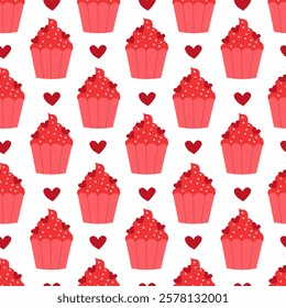 Seamless pattern with Red Valentine Day Cupcake with sprinkles and hearts. Vector flat illustration.