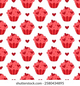 Seamless pattern with Red Valentine Day Cupcake with hearts. Vector flat illustration.