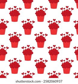 Seamless pattern with Red Valentine Day Cupcake and heart toppers. Vector flat illustration.