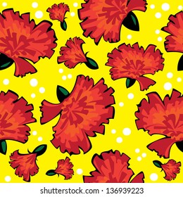 seamless pattern of red vector carnations on yellow background