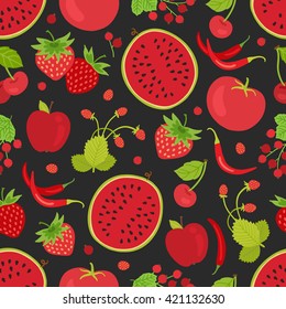 Seamless pattern with red vegetables. Tomato, strawberry, watermelon, wild strawberry, chili pepper, cherry, apple, red currant. Perfect for food background, wallpaper, textile. Vector illustration