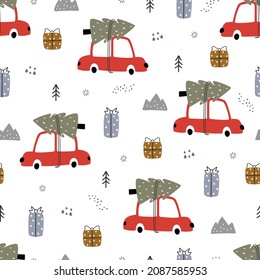 Seamless pattern red vintage car with christmas tree design used for print, wallpaper, decoration, textile vector illustration
