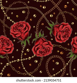 Seamless pattern with red vintage roses, metal chains and beads on dark background. Horizontal composition. Vector illustration.