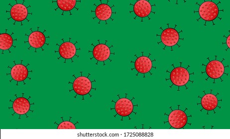 Seamless pattern of red viruses of the bacteria coronavirus disease Covid-19 pandemic dangerous infectious texture on a green background.