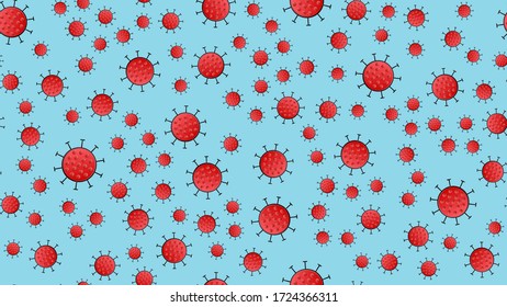 Seamless pattern of red viruses of the coronavirus bacteria virus Coveid-19 pandemic dangerous infectious texture on a blue background.