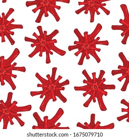 Seamless pattern with red viruses on white background. Vector illustrations in cartoon style. Design for wallpaper, wrapping paper, laboratory express tests packages, informational posters, textile