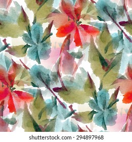 Seamless pattern with red watercolor flowers. Vector illustration.