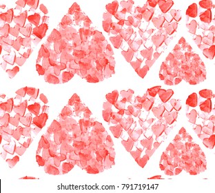 Seamless pattern with red watercolor hearts. Romantic design. for greeting cards and invitations of the wedding, birthday, Valentine's Day. Vector illustration. Isolated on transparent background