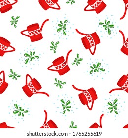 Seamless pattern with red watering cans and green plants on a white background. Vector illustration with a watering can and flower pots. Design for wallpaper, paper, fabric, print, website, postcard, 