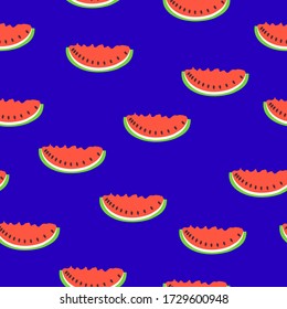 Patrón sin foco con sandía roja. Fondo azul. Estilo de caricatura plano. Frutos de verano. Alimentos saludables. Vegan, estilo de vida vegetariano. Atención de la salud. Para postales, papel de pared, papel textil y papel de envoltura