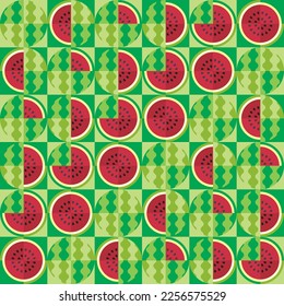 Seamless pattern of red watermelon elements in simple geometric shapes. Whole watermelon, cut, seeds and rind. Minimalist abstract fruits poster, for decoration, food or drink packaging cover design.