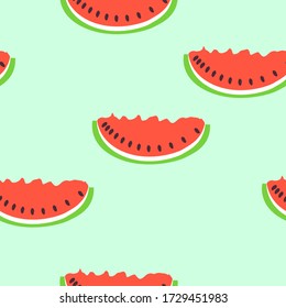 Seamless pattern with red watermelon. Green background. Flat cartoon style. Summer fruit. Healthy food. Vegan, vegetarian lifestyle. Health care. For postcards, wallpaper, textile and wrapping paper