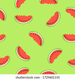 Nahtloses Muster mit roter Wassermelone. Grüner Hintergrund. Flacher Cartoon Stil. Früchte im Sommer. Gesunde Ernährung. Veganer, vegetarischer Lebensstil. Gesundheitsfürsorge. Für Postkarten, Tapeten, Textilien und Packpapier