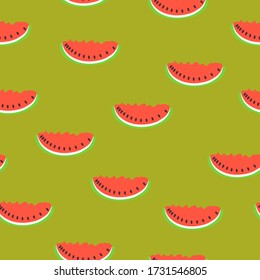Seamless pattern with red watermelon. Green background. Flat cartoon style. Summer fruit. Healthy food. Vegan, vegetarian lifestyle. Health care. For postcards, wallpaper, textile and wrapping paper