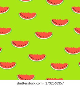 Seamless pattern with red watermelon. Green background. Flat cartoon style. Summer fruit. Healthy food. Vegan, vegetarian lifestyle. Health care. For postcards, wallpaper, textile and wrapping paper