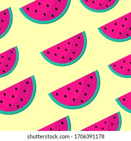 Seamless pattern with red watermelon pieces on a yellow background. Vector illustration in flat style for textile, art paper, background, desktop, print, table cloth, vegan cafe, restaurant.