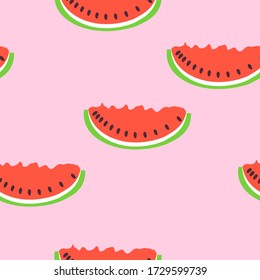 Patrón sin foco con sandía roja. Fondo rosa. Estilo de caricatura plano. Frutos de verano. Alimentos saludables. Vegan, estilo de vida vegetariano. Atención de la salud. Para postales, papel de pared, papel textil y papel de envoltura
