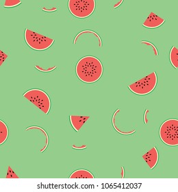 Seamless pattern of red watermelon slices on green background 