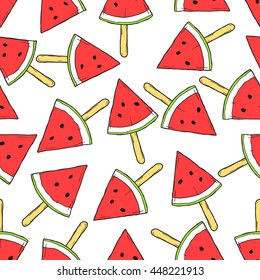 Seamless pattern of red watermelons on white background. Sketch style.