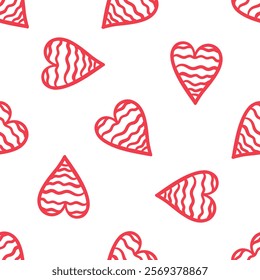 Seamless pattern with red wavy hearts on white background in flat doodle style