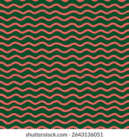 Seamless pattern with red wavy lines on a dark green background. Hand-drawn brush strokes form an abstract stripe texture. Great for fabric, stationery, wrapping, or digital. Drag to swatches panel.