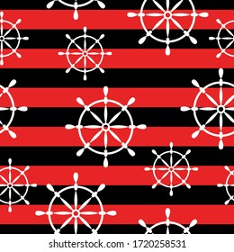 Seamless pattern with red wheels on striped background. Simple flat design. Sea and ocean. Maritime equipment. Ship and boat. For postcards, scrapbooking, wallpaper textile and wrapping paper