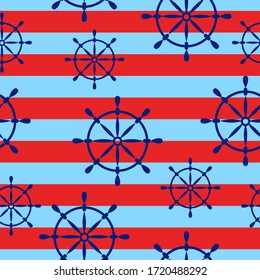 Seamless pattern with red wheels on striped background. Simple flat design. Sea and ocean. Maritime equipment. Ship and boat. For postcards, scrapbooking, wallpaper textile and wrapping paper
