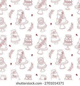 Seamless pattern with red whimsical cake illustration. Hand drawn doodle sketch for wedding, birthday, party illustration. Vector illustration