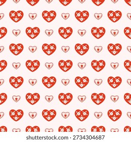 Seamless pattern red whimsical hearts with flowers made of decorative folk style. Vector romantic love background for Valentine's Day, wrapping paper, textiles