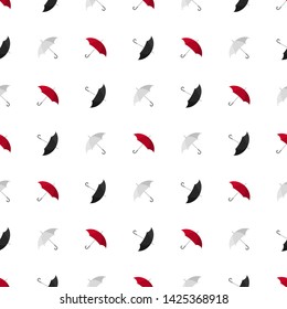 Seamless pattern with red, white and black umbrella icon on white background. Vector illustration for design, web, wrapping paper, fabric, wallpaper.