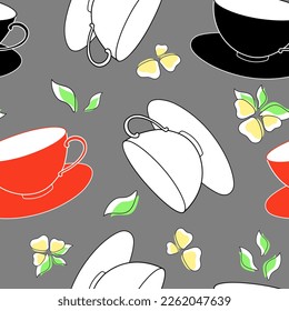Seamless pattern of red, white and black coffee cups with soft yellow flowers on a gray background. Isolated vector illustration for wallpapers, posters, wrapping paper, print.