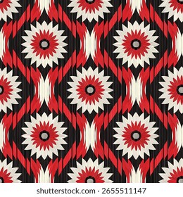 Patrón Sin Costuras Con Motivos De Medallón Floral Rojo, Blanco Y Negro Y Elementos Geométricos, Ideal Para Textiles O Fondos Digitales.